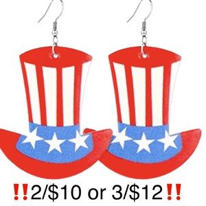 Red White & Blue American Flag 4th of July Uncle Sam Hat Faux Leather Earrings